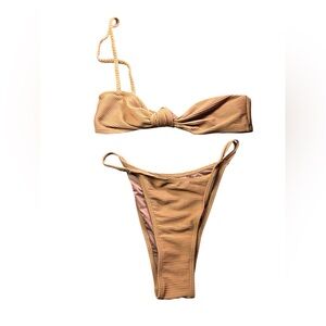 ZAFUL brown tan ribbed braided one shoulder cheeky bikini swim set size L NWT